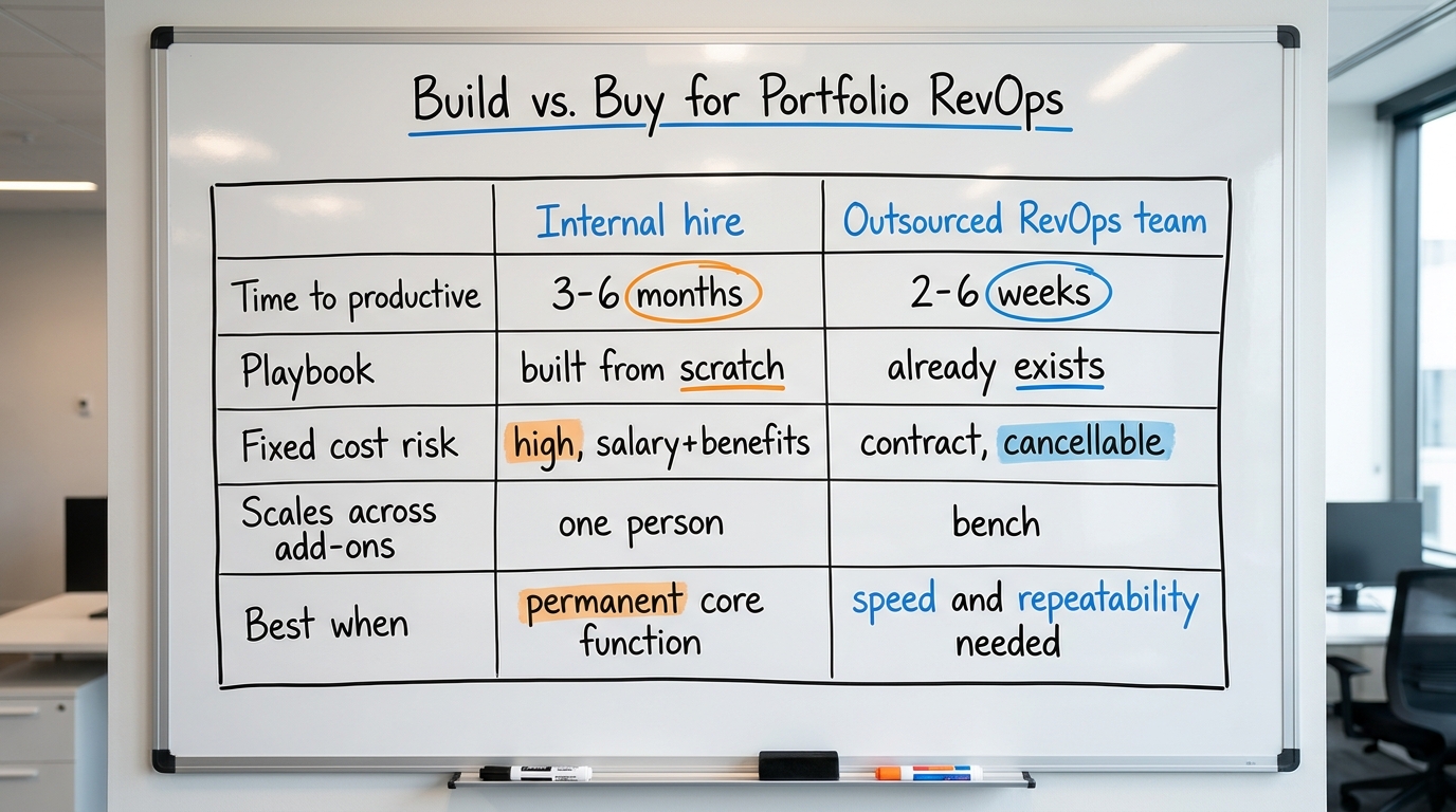 Build vs. Buy for Portfolio RevOps | comparison TABLE with columns "Internal hire" and "Outsourced RevOps team" and rows