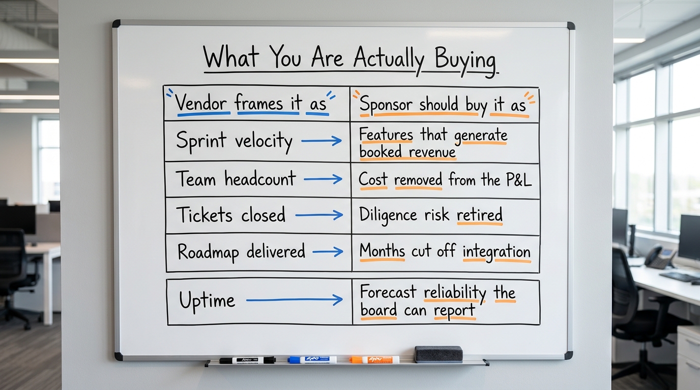 What You Are Actually Buying | table with columns "Vendor frames it as" and "Sponsor should buy it as", rows: Sprint vel