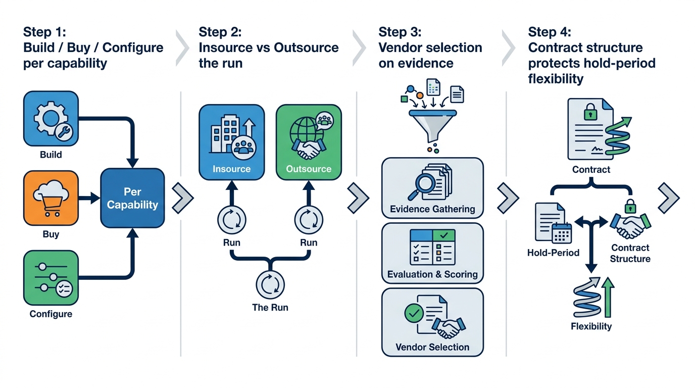The four IT sourcing decisions, in order | Step 1: Build / Buy / Configure per capability, Step 2: Insource vs Outsource