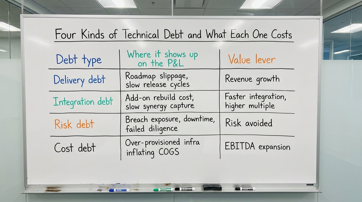 Four Kinds of Technical Debt and What Each One Costs | TABLE with columns "Debt type | Where it shows up on the P&L | Va