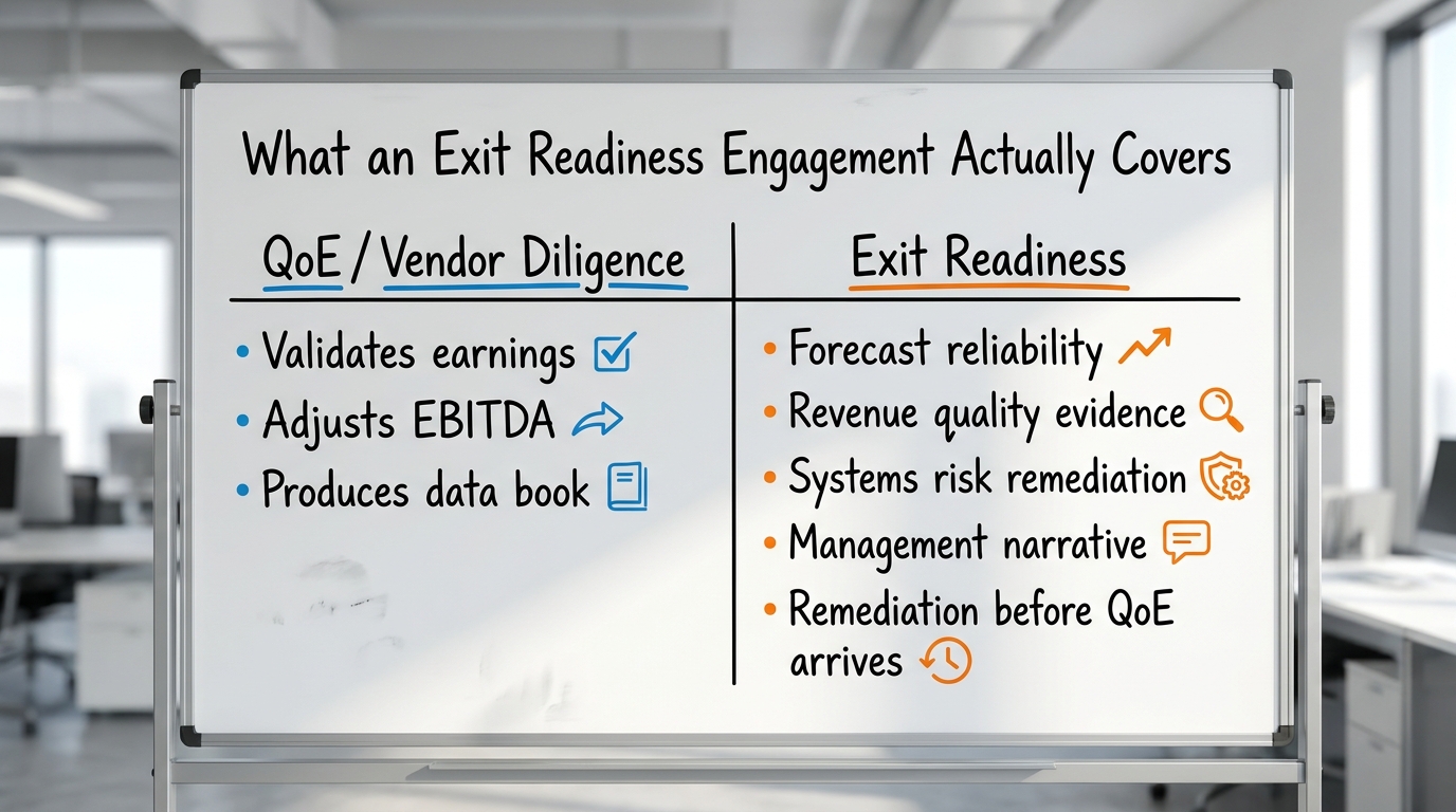 What an Exit Readiness Engagement Actually Covers | a two-column comparison, Left "QoE / Vendor Diligence": validates ea