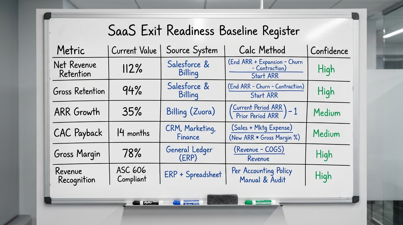 SaaS Exit Readiness Baseline Register | a TABLE with columns: Metric | Current Value | Source System | Calc Method | Con