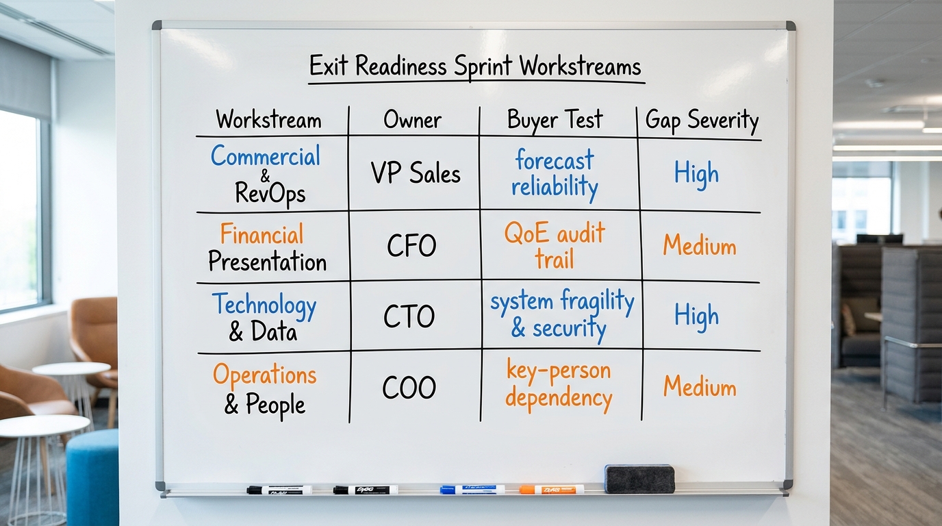 Exit Readiness Sprint Workstreams | TABLE with columns Workstream / Owner / Buyer Test / Gap Severity. Rows: Commercial 