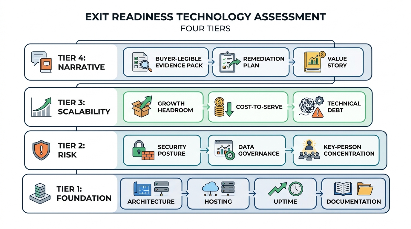 Exit Readiness Technology Assessment, Four Tiers | Tier 1 Foundation: architecture, hosting, uptime, documentation. Tier