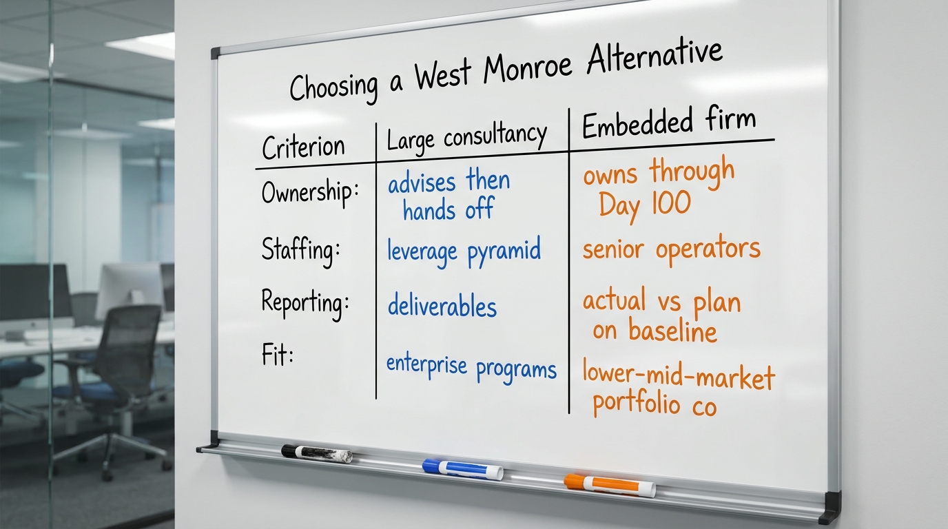 Choosing a West Monroe Alternative | comparison table with columns "Criterion / Large consultancy / Embedded firm" and r