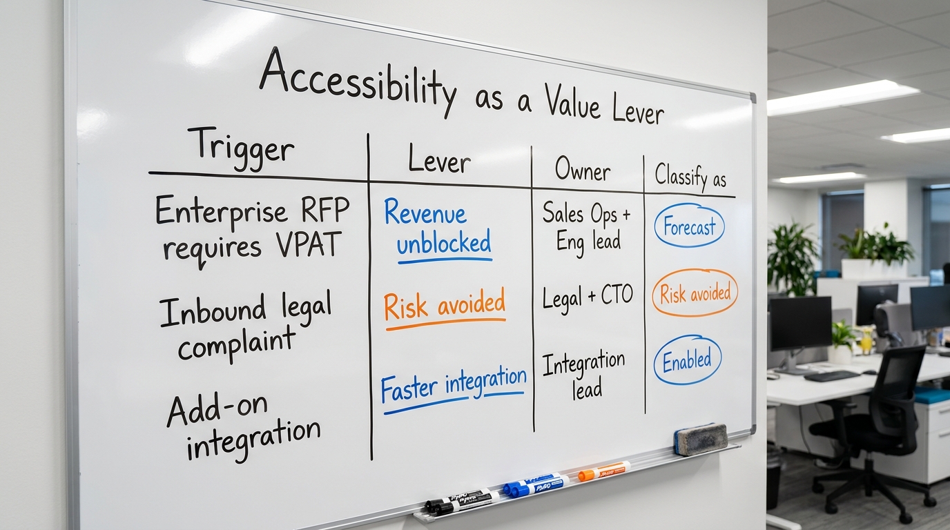 Accessibility as a Value Lever | table with columns "Trigger | Lever | Owner | Classify as" and rows: "Enterprise RFP re