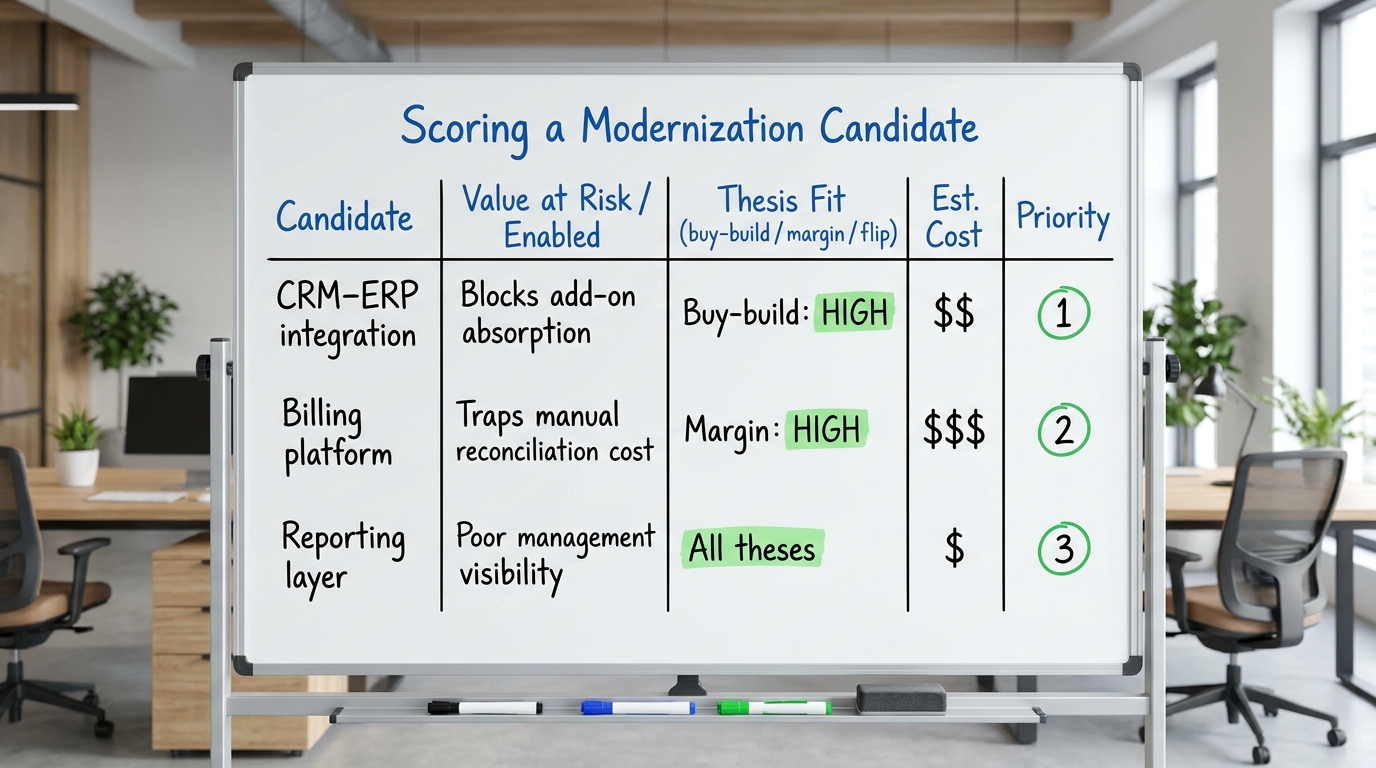 Scoring a Modernization Candidate | TABLE with columns: Candidate | Value at Risk / Enabled | Thesis Fit (buy-build / ma