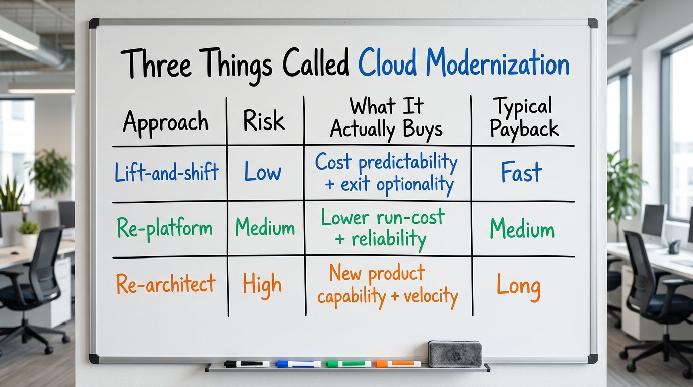 Three Things Called Cloud Modernization | TABLE with columns Approach / Risk / What It Actually Buys / Typical Payback,
