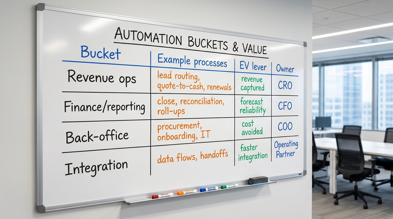 Four automation buckets and what each one moves | TABLE columns: Bucket | Example processes | EV lever | Owner. Rows: Re