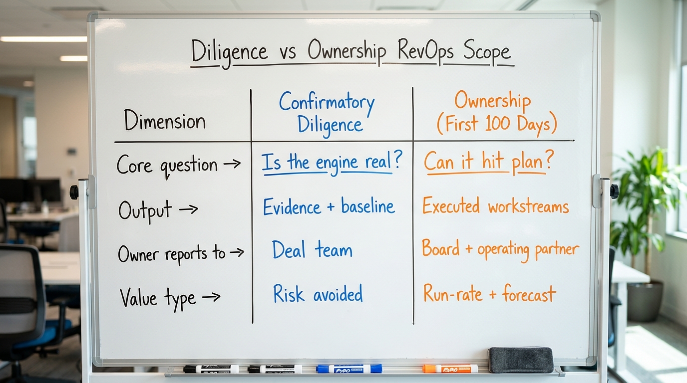 Diligence vs Ownership RevOps Scope | TABLE. Columns: Dimension | Confirmatory Diligence | Ownership (First 100 Days). R