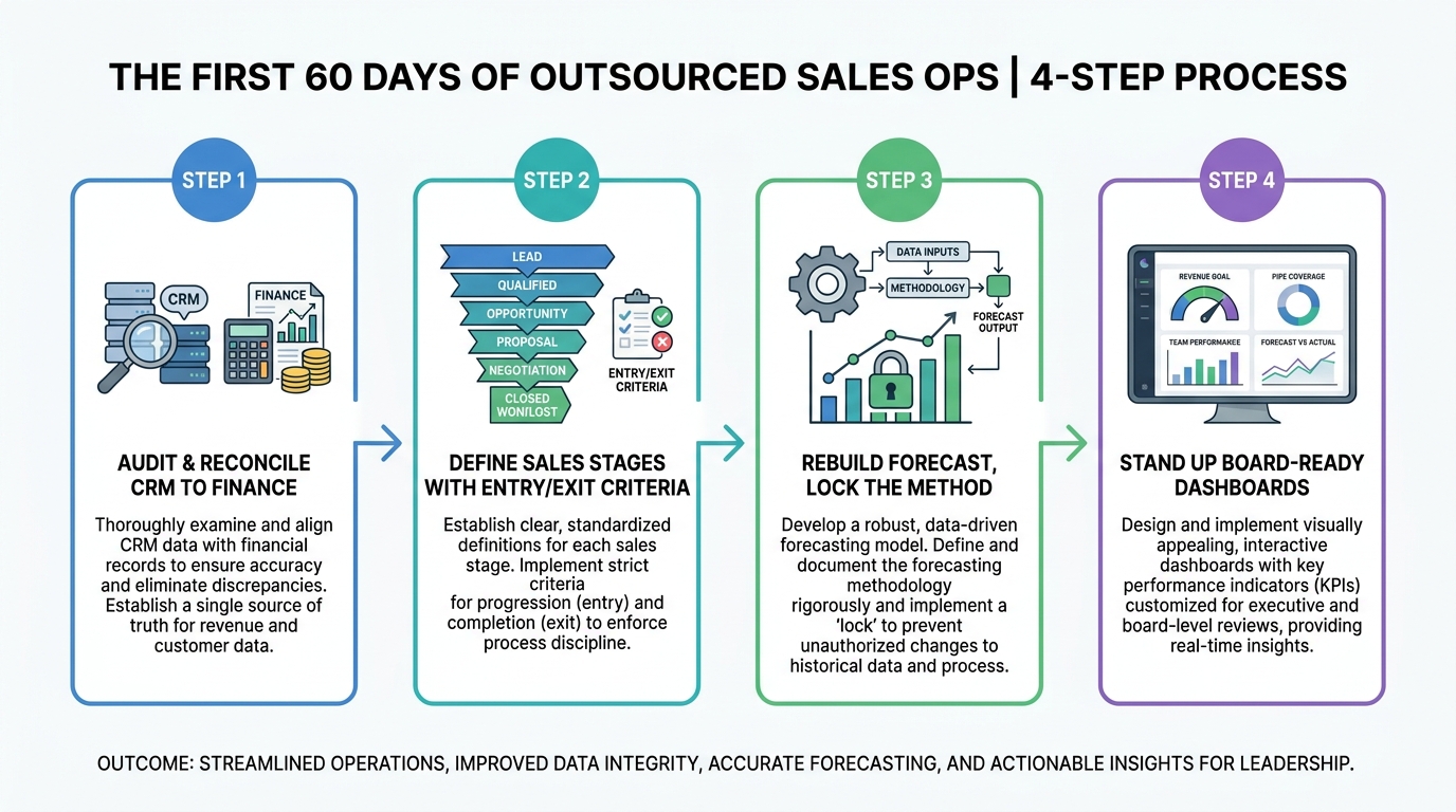 The First 60 Days of Outsourced Sales Ops | 4-step process: Step 1 Audit & reconcile CRM to finance | Step 2 Define sale