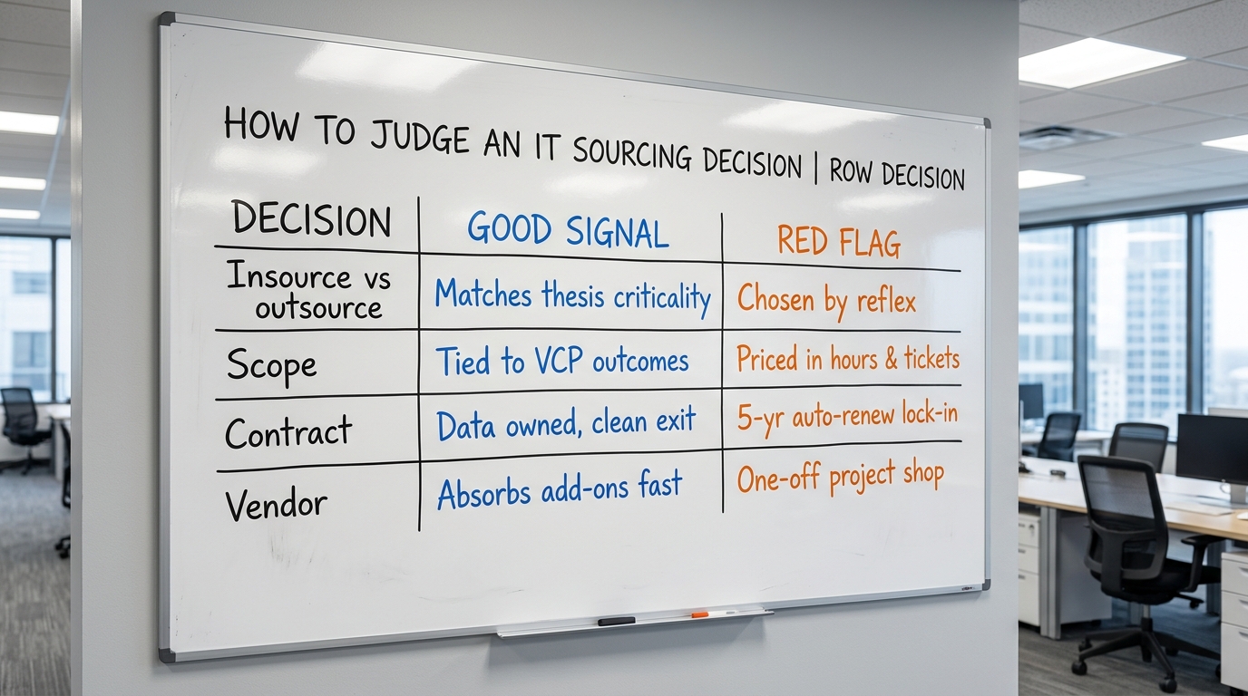 How to judge an IT sourcing decision | ROW Decision → Good signal / Red flag. Insource vs outsource → Matches thesis cri