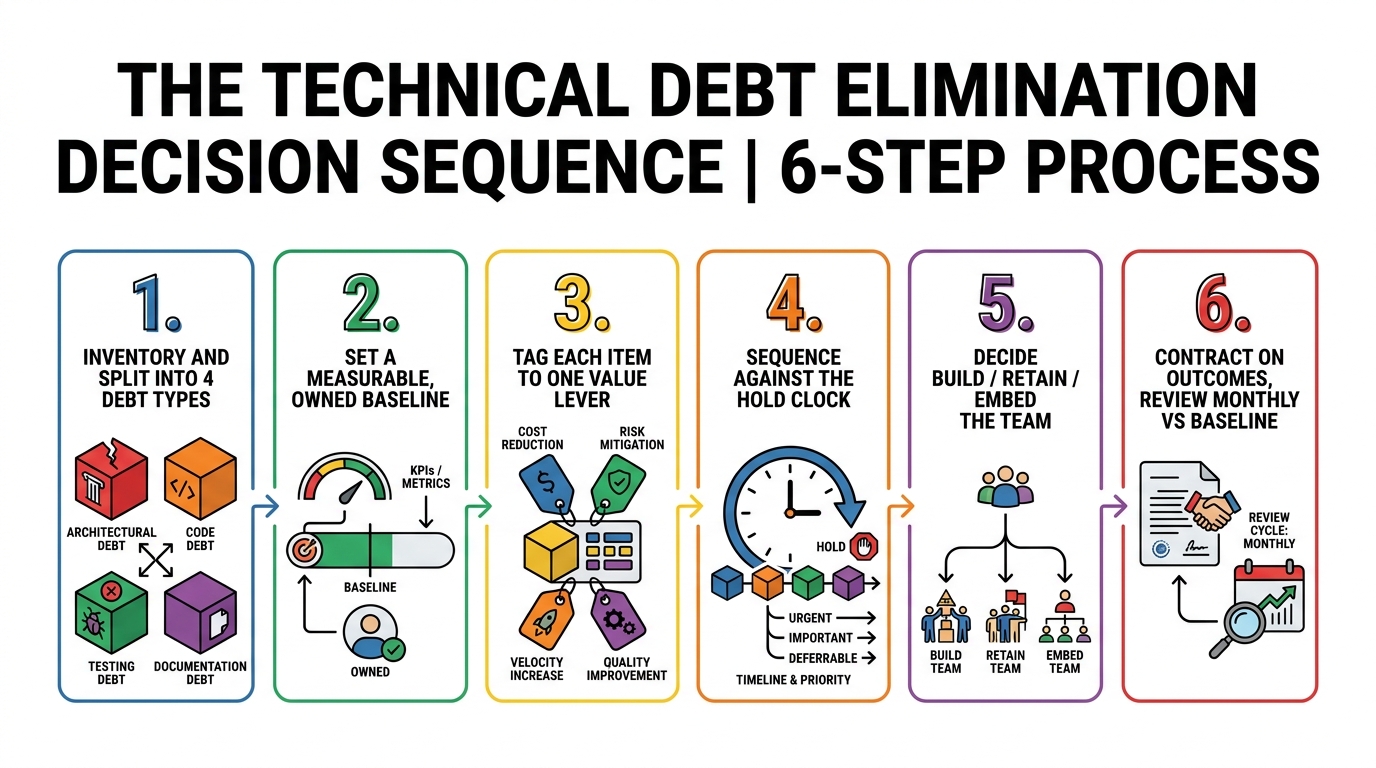 The Technical Debt Elimination Decision Sequence | 6-step process: "1. Inventory and split into 4 debt types" then "2. S
