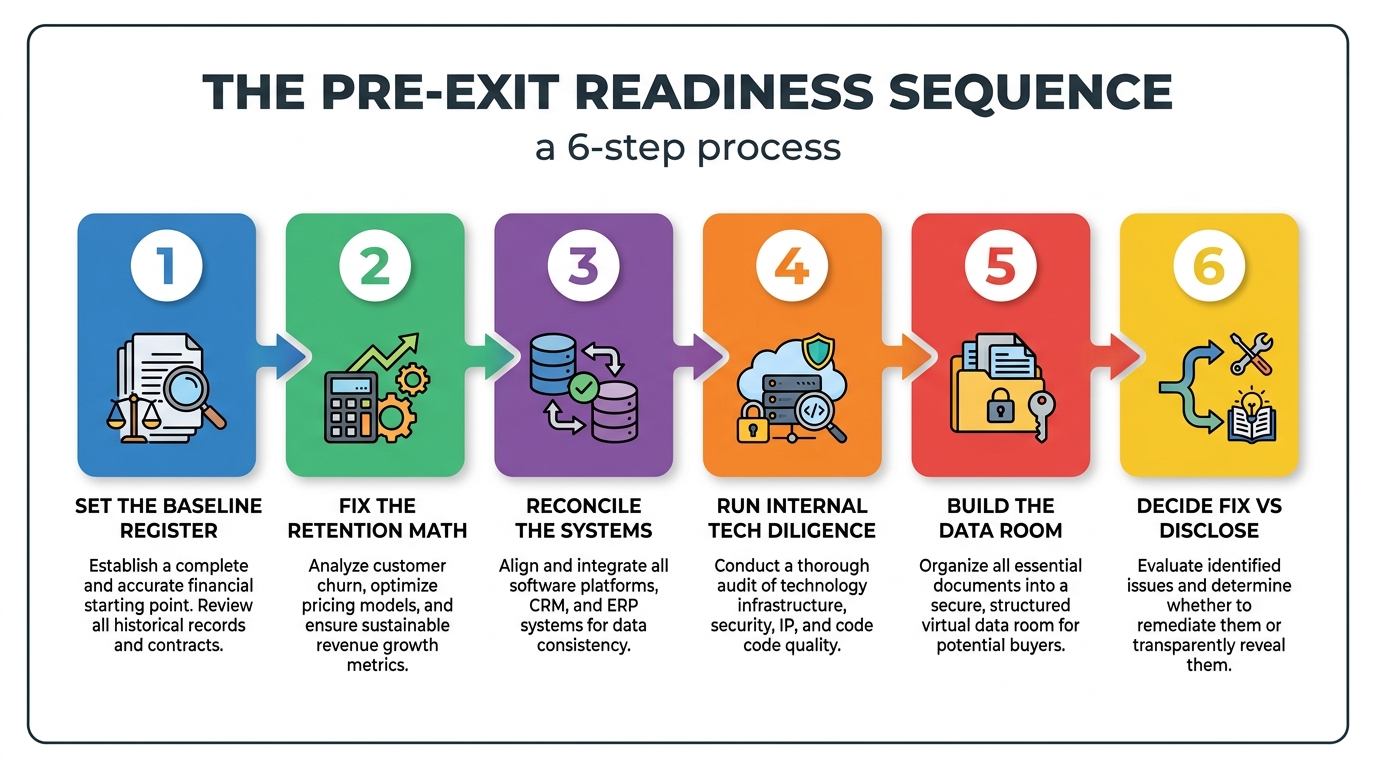 The Pre-Exit Readiness Sequence | a 6-step process: 1 Set the baseline register, 2 Fix the retention math, 3 Reconcile t