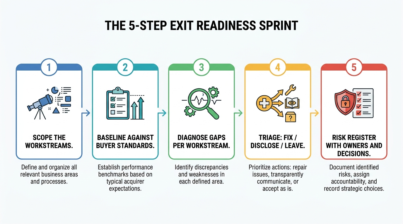 The 5-Step Exit Readiness Sprint | Step 1 Scope the workstreams. Step 2 Baseline against buyer standards. Step 3 Diagnos