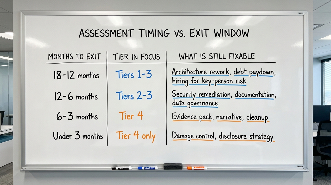 Assessment Timing vs. Exit Window | Column headers: Months to Exit | Tier in focus | What is still fixable. Rows: 18-12