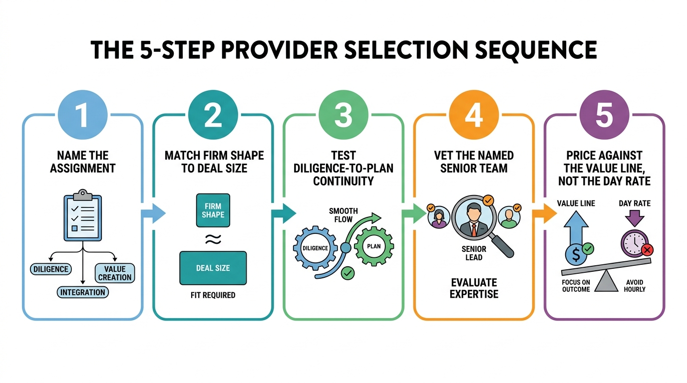 The 5-step provider selection sequence | 1 Name the assignment (diligence / value creation / integration) → 2 Match firm