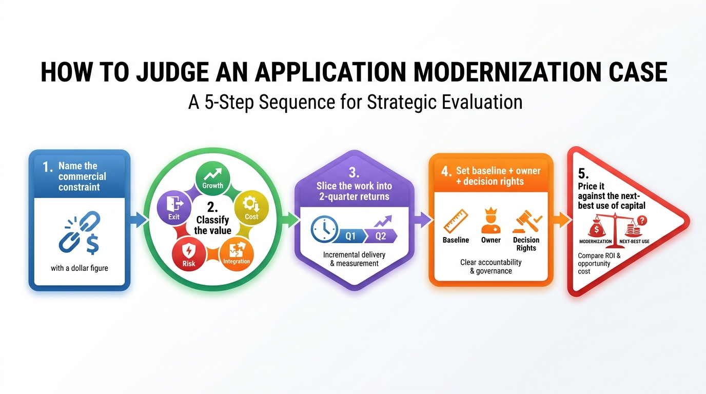 How to Judge an Application Modernization Case | 5-step sequence: "1. Name the commercial constraint (with a dollar figu