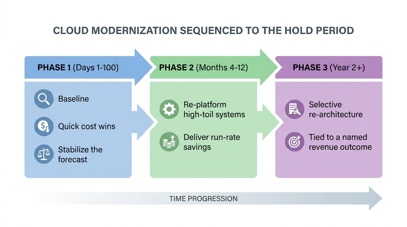 Cloud Modernization Sequenced to the Hold Period | 3-phase timeline, Phase 1 (Days 1-100): Baseline + quick cost wins +