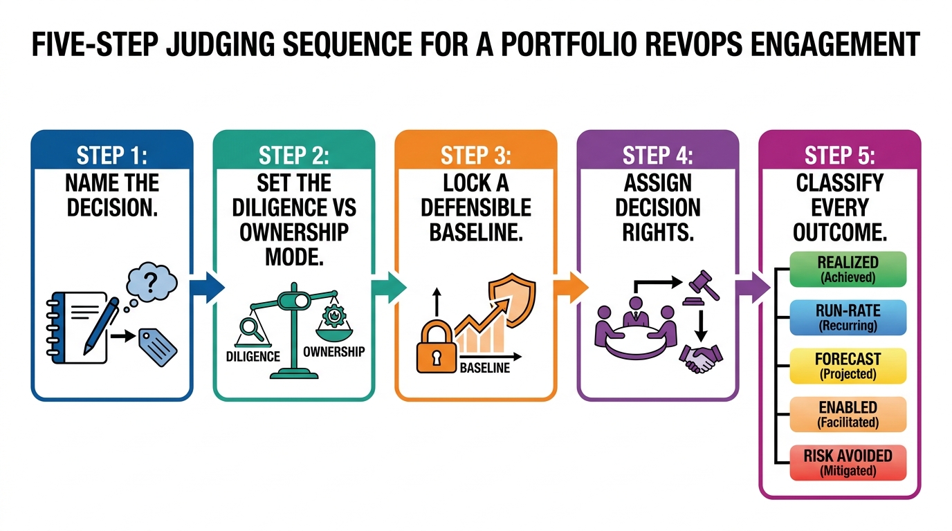 Five-Step Judging Sequence for a Portfolio RevOps Engagement | Step 1: Name the decision. Step 2: Set the diligence vs o
