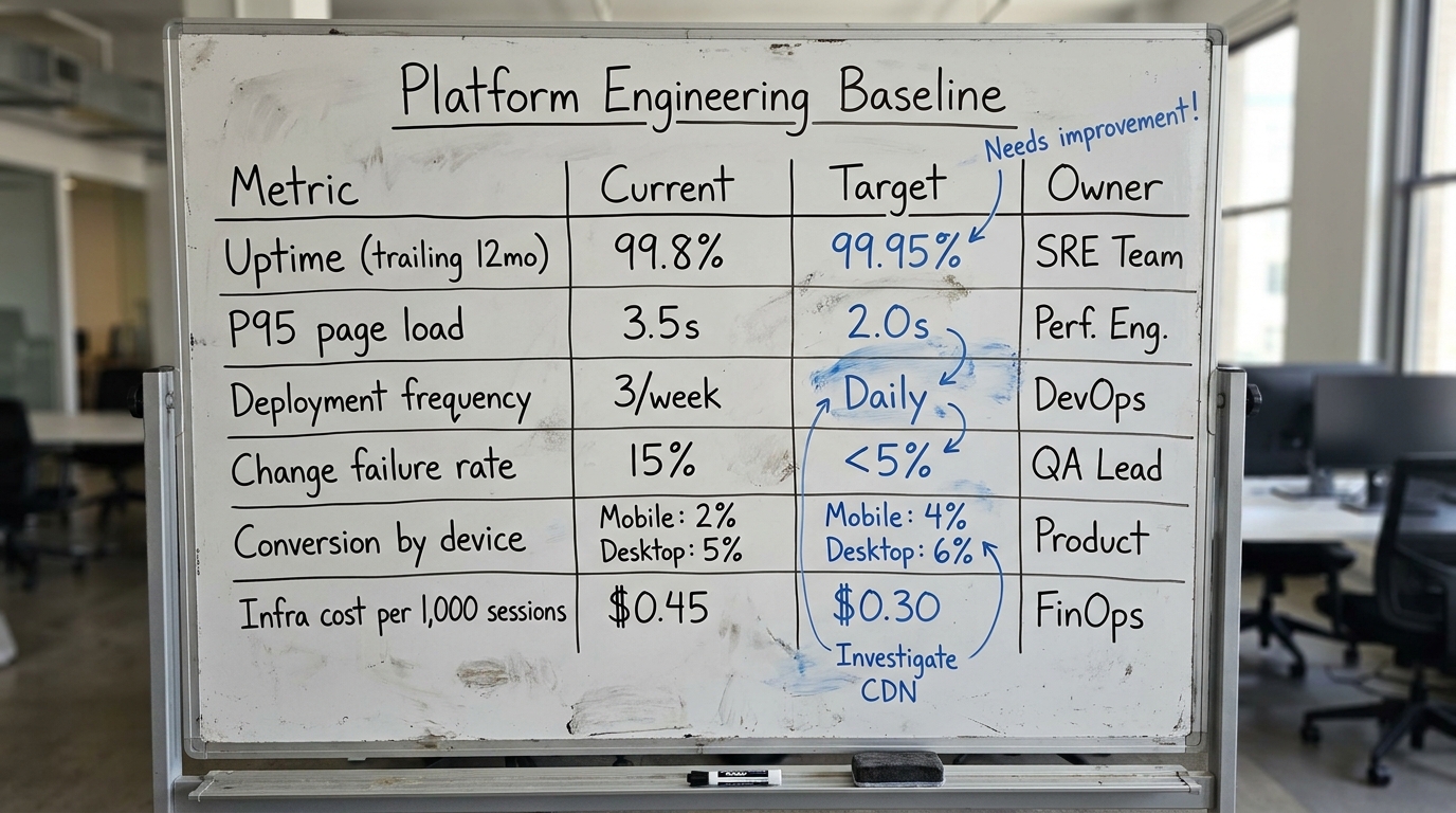 Platform Engineering Baseline | a TABLE with columns "Metric", "Current", "Target", "Owner" and rows: Uptime (trailing 1