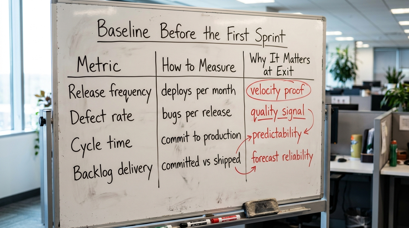 Baseline Before the First Sprint | a table with columns "Metric | How to Measure | Why It Matters at Exit" and rows: Rel