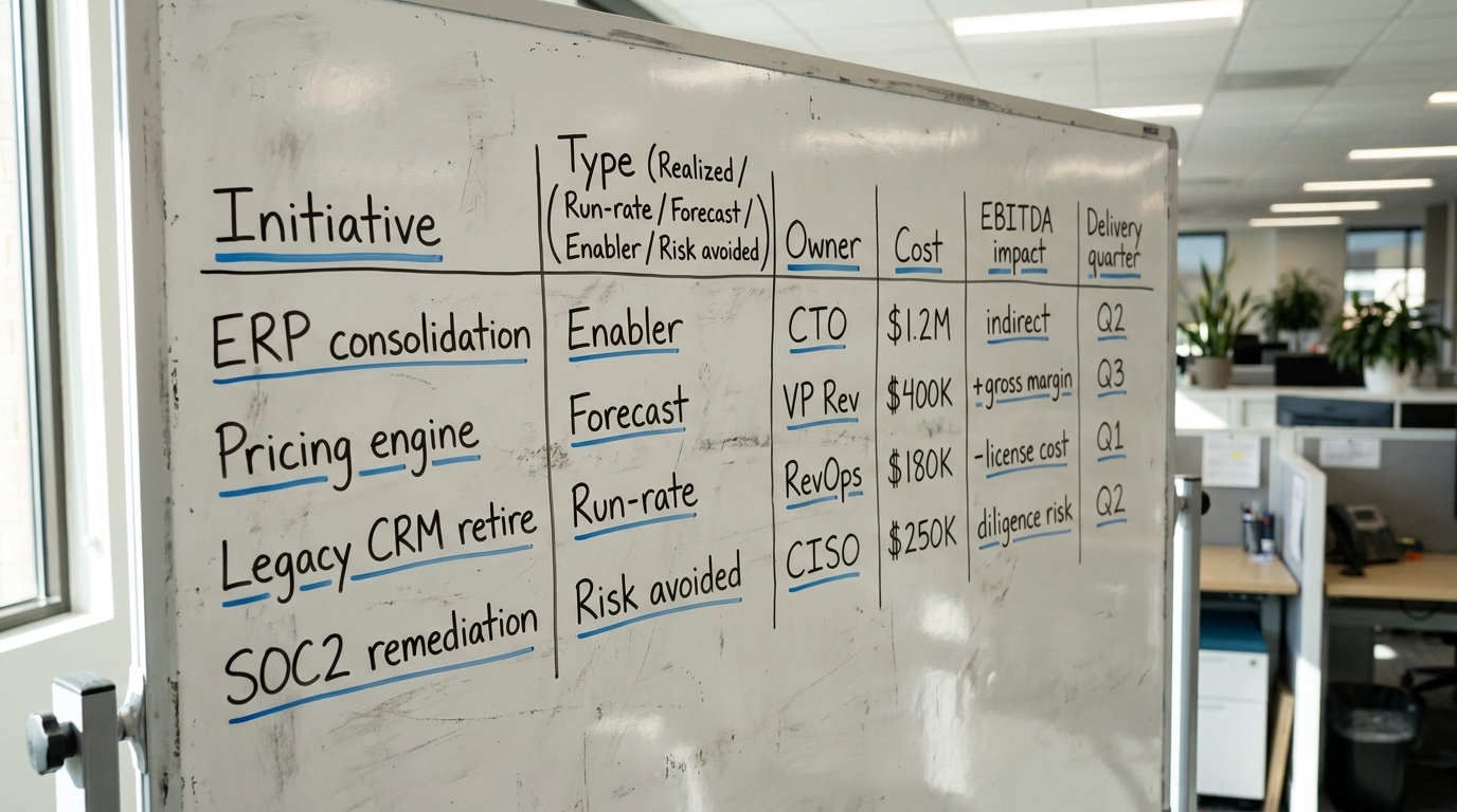 Roadmap Item Classification | a TABLE with columns "Initiative | Type (Realized / Run-rate / Forecast / Enabler / Risk a