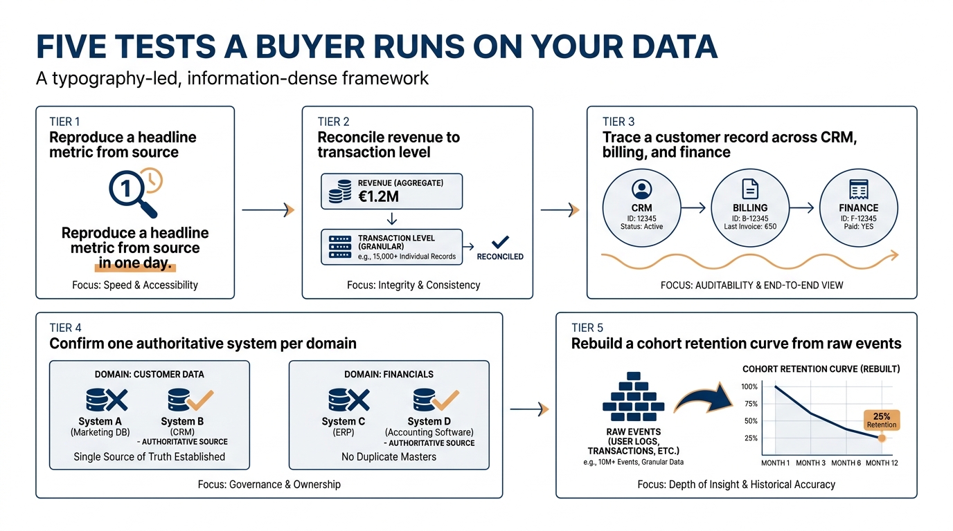 Five Tests a Buyer Runs on Your Data | Tier 1 Reproduce a headline metric from source in one day; Tier 2 Reconcile reven