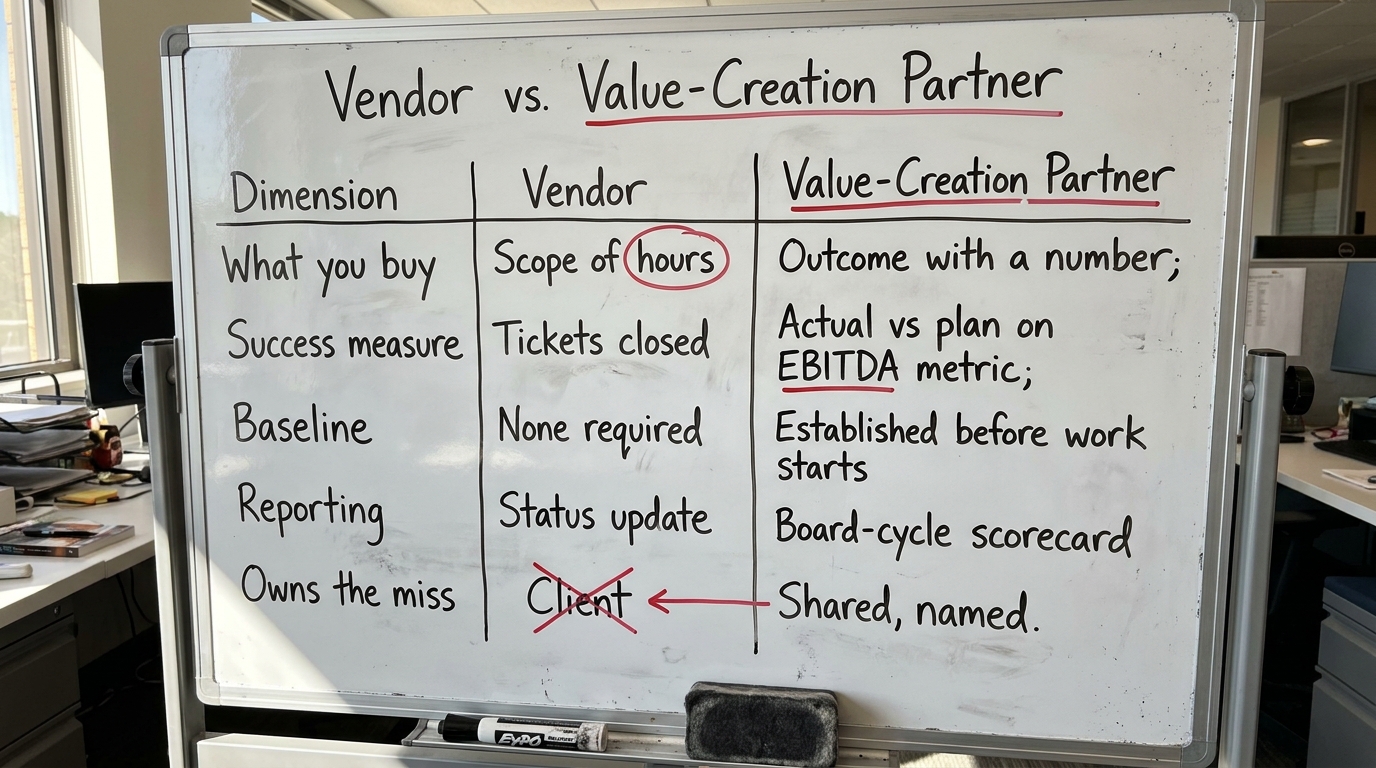 Vendor vs. Value-Creation Partner | TABLE. Columns: Dimension, Vendor, Value-Creation Partner. Rows: What you buy / Scop