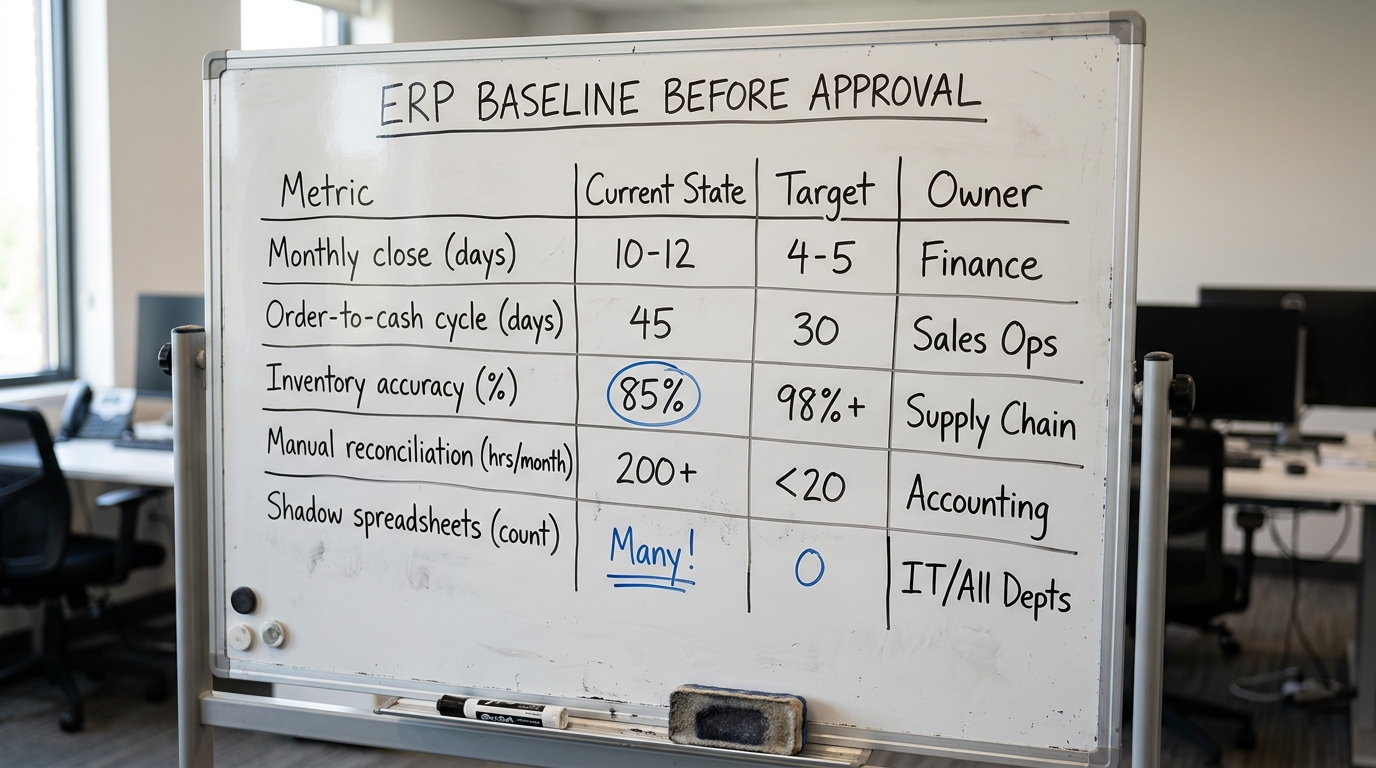 ERP Baseline Before Approval | a TABLE with columns "Metric | Current State | Target | Owner" and rows: Monthly close (d