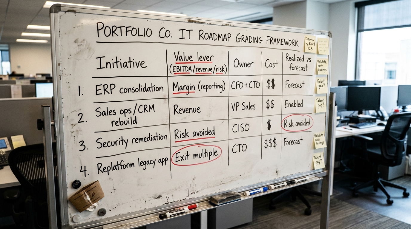 How to Grade a Portfolio Company IT Roadmap | a framework TABLE with column headers "Initiative | Value lever (EBITDA /