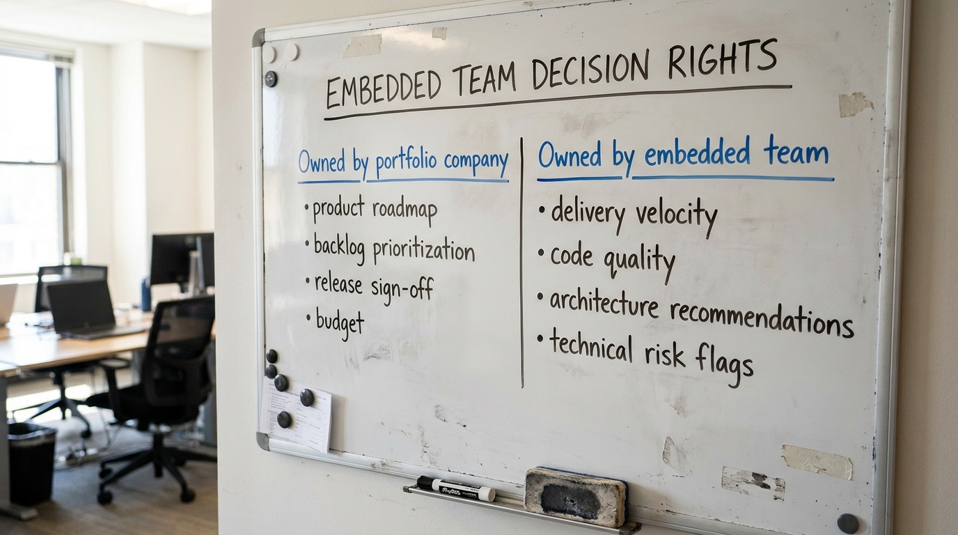 Embedded Team Decision Rights | a 2-column table. Column 1 "Owned by portfolio company": product roadmap, backlog priori