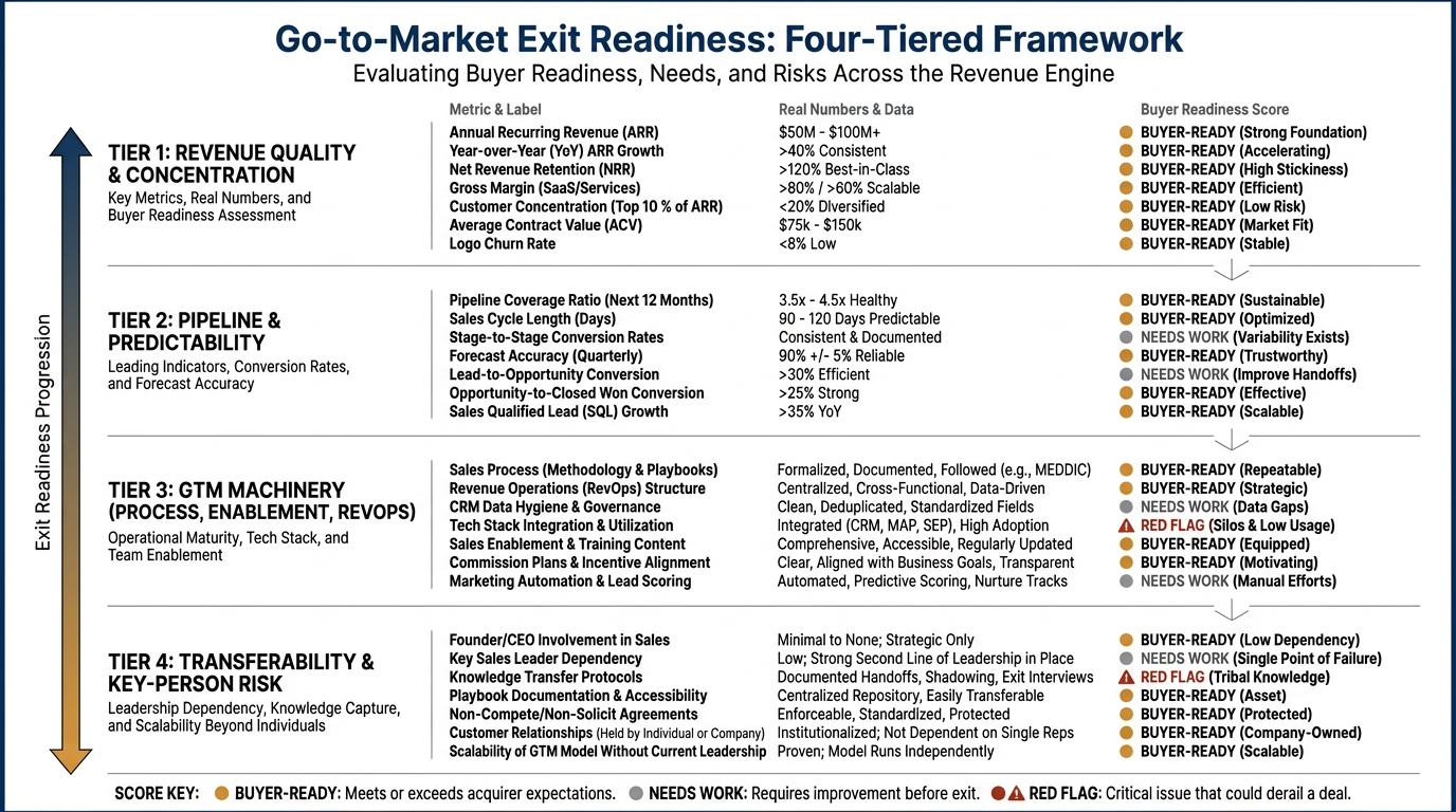 Go-to-Market Exit Readiness, Four Tiers | Tier 1 Revenue Quality & Concentration → Tier 2 Pipeline & Predictability → Ti
