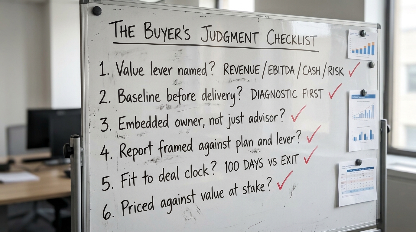 The buyer's judgment checklist | Row 1: Value lever named? revenue / EBITDA / cash / risk | Row 2: Baseline before deliv