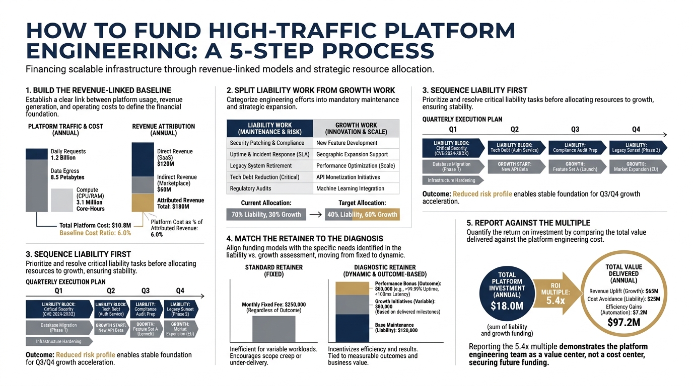 How to Fund High-Traffic Platform Engineering | a 5-step process: 1. Build the revenue-linked baseline, 2. Split liabili