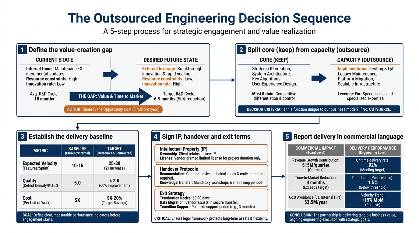 The Outsourced Engineering Decision Sequence | a 5-step process: 1 Define the value-creation gap; 2 Split core (keep) fr