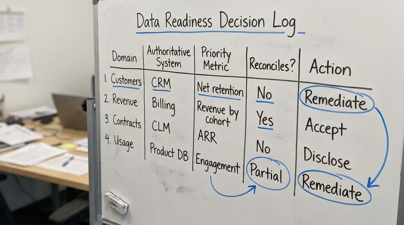 Data Readiness Decision Log | TABLE columns: Domain / Authoritative System / Priority Metric / Reconciles? / Action. Row