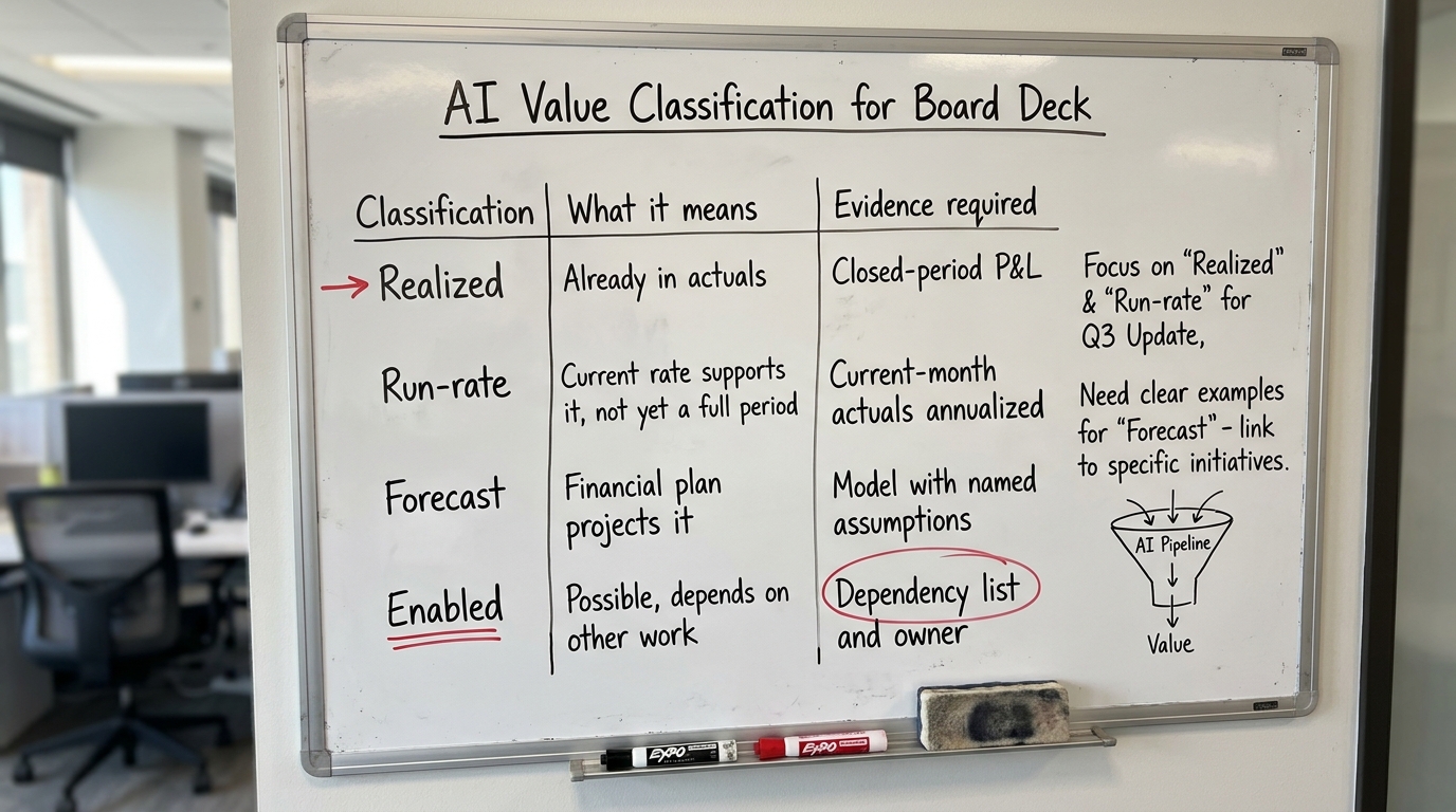 How to classify AI value in the board deck | Column headers: Classification | What it means | Evidence required. Row 1: 