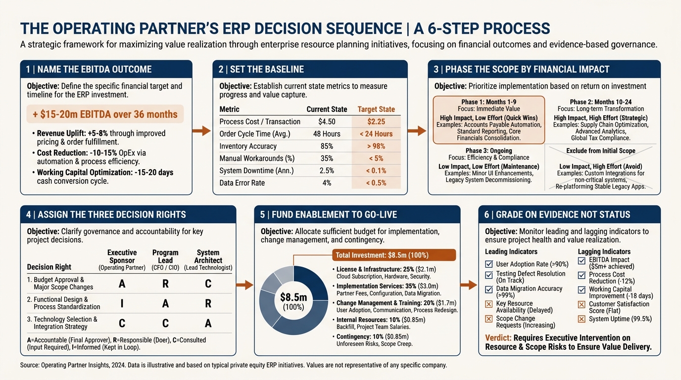 The Operating Partner's ERP Decision Sequence | a 6-step process: 1 Name the EBITDA outcome, 2 Set the baseline, 3 Phase