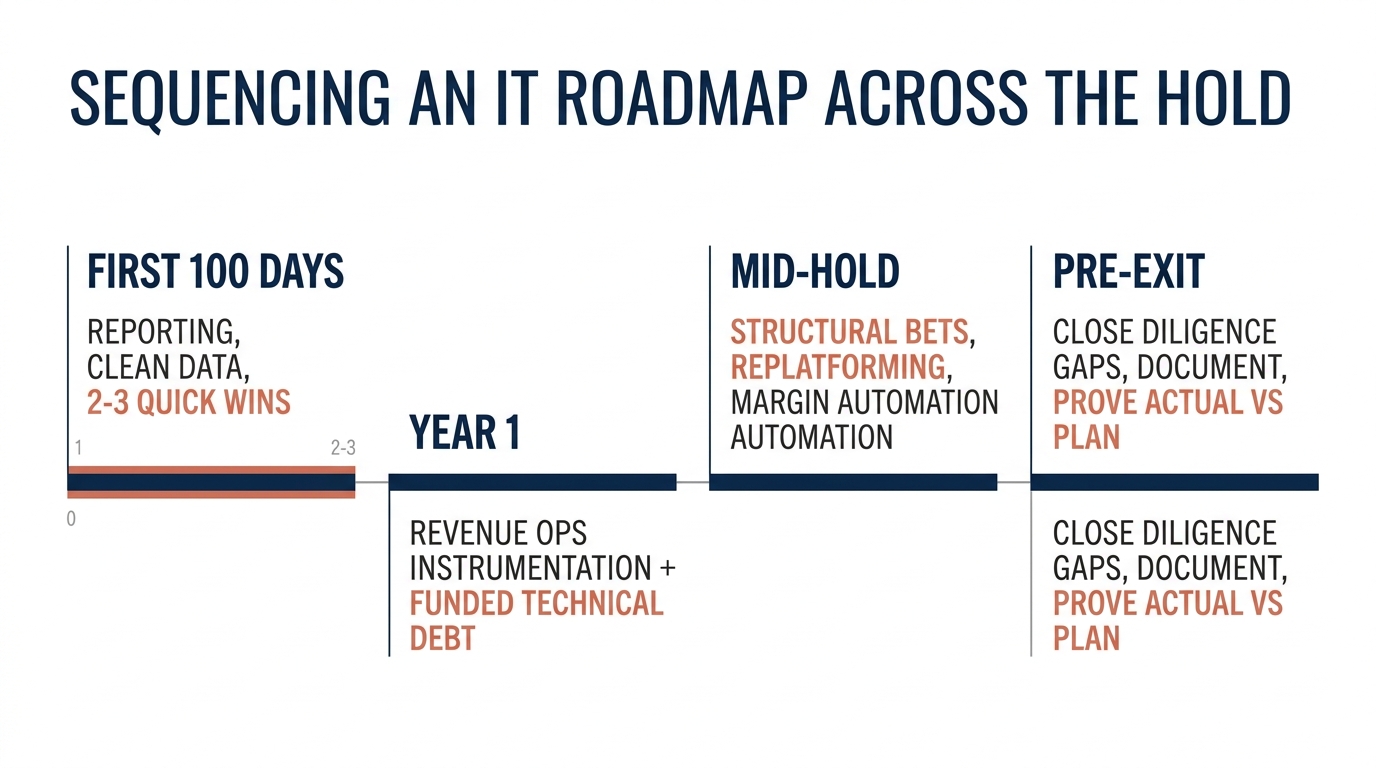 Sequencing an IT Roadmap Across the Hold | a 4-step process with labels "First 100 days: reporting, clean data, 2-3 quic