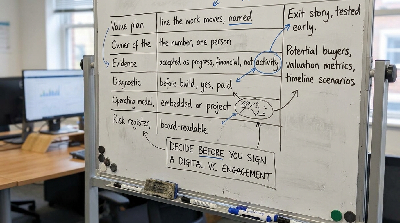 Decide before you sign a digital VC engagement | Rows: Value plan line the work moves, named / Owner of the number, one