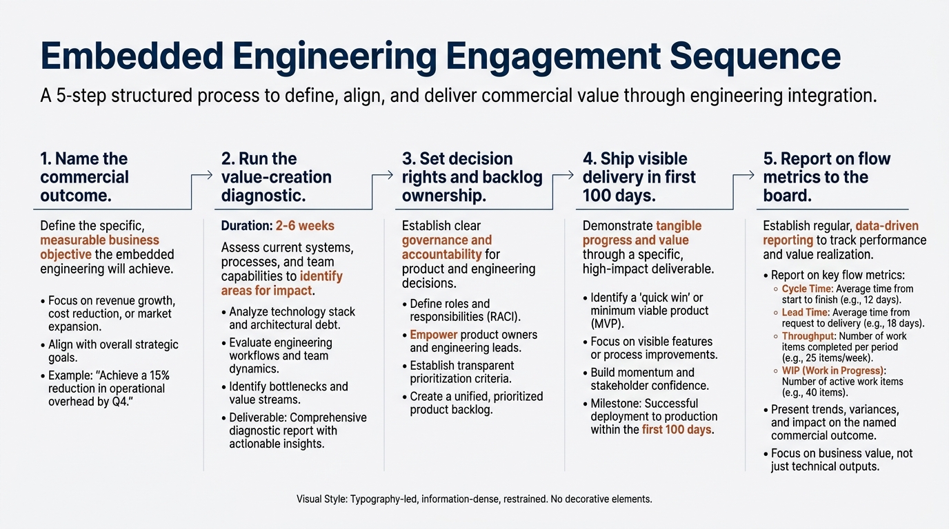 Embedded Engineering Engagement Sequence | 5 steps: 1. Name the commercial outcome 2. Run the value-creation diagnostic
