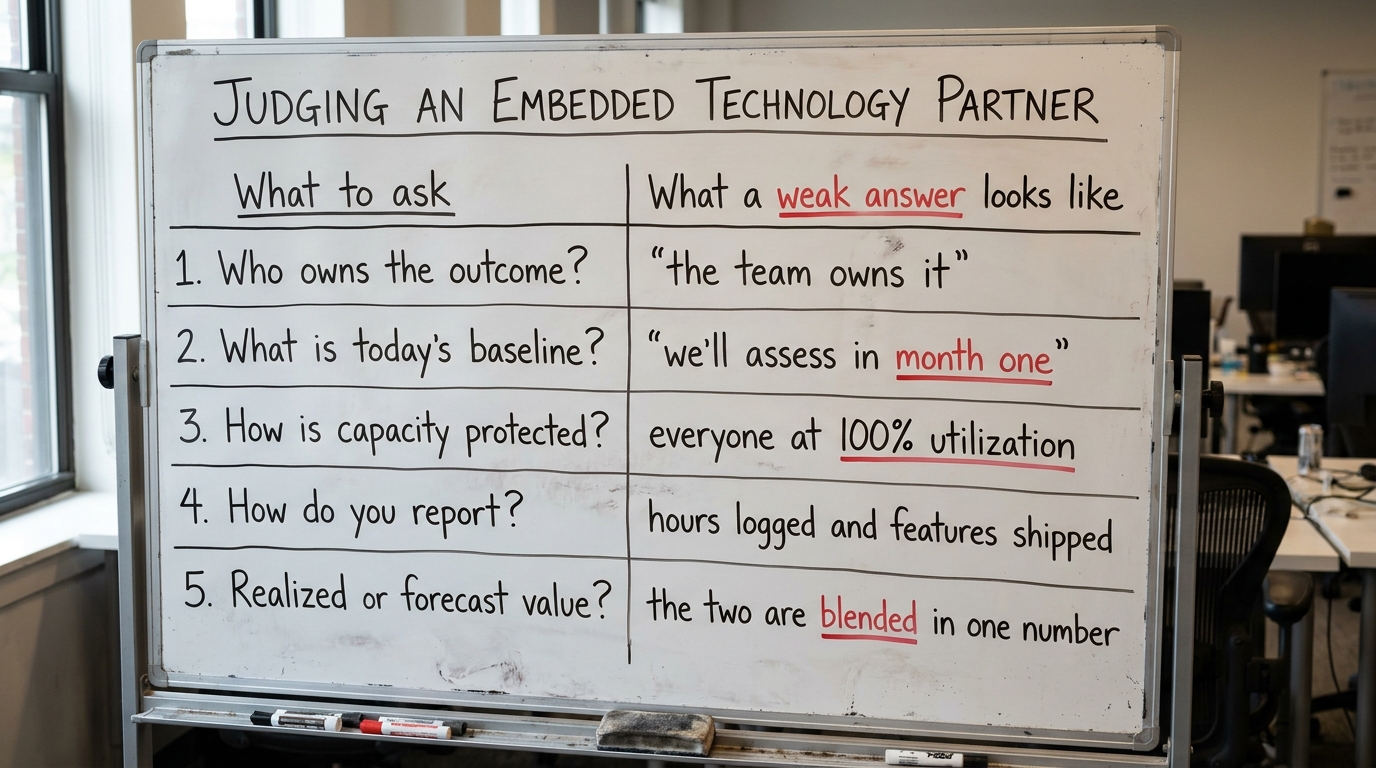 Judging an embedded technology partner | TABLE with columns "What to ask" and "What a weak answer looks like", Row 1: Wh