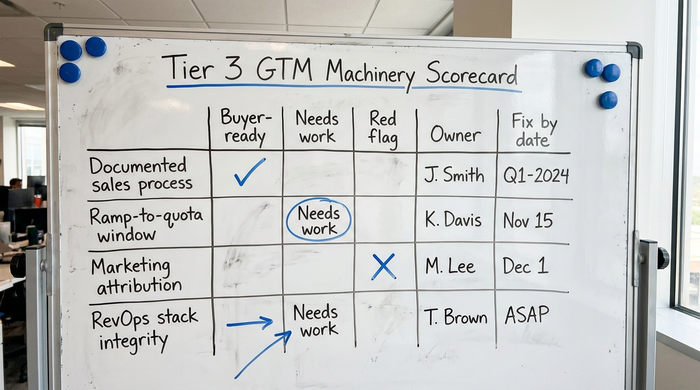 Tier 3 GTM Machinery Scorecard | rows: Documented sales process / Ramp-to-quota window / Marketing attribution / RevOps 