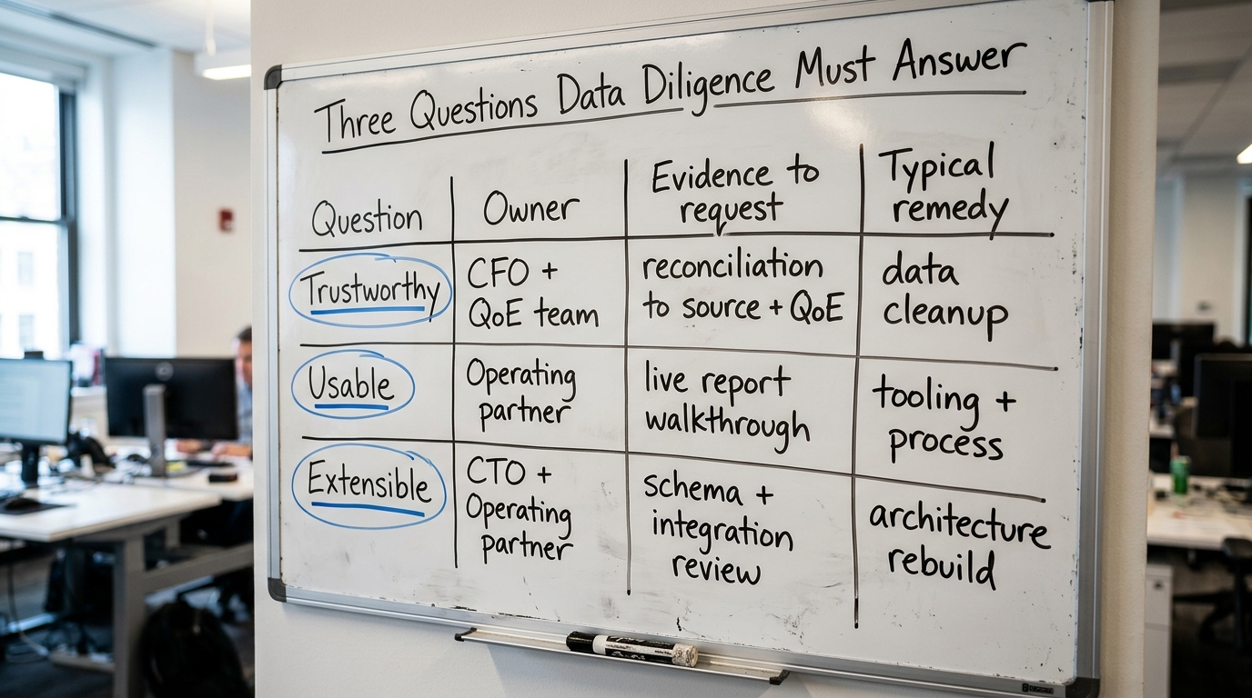 Three Questions Data Diligence Must Answer | a table with columns Question / Owner / Evidence to request / Typical remed