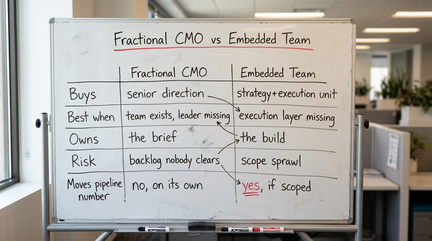Fractional CMO vs Embedded Team | comparison TABLE with columns "Fractional CMO" and "Embedded Team" and rows: Buys (sen