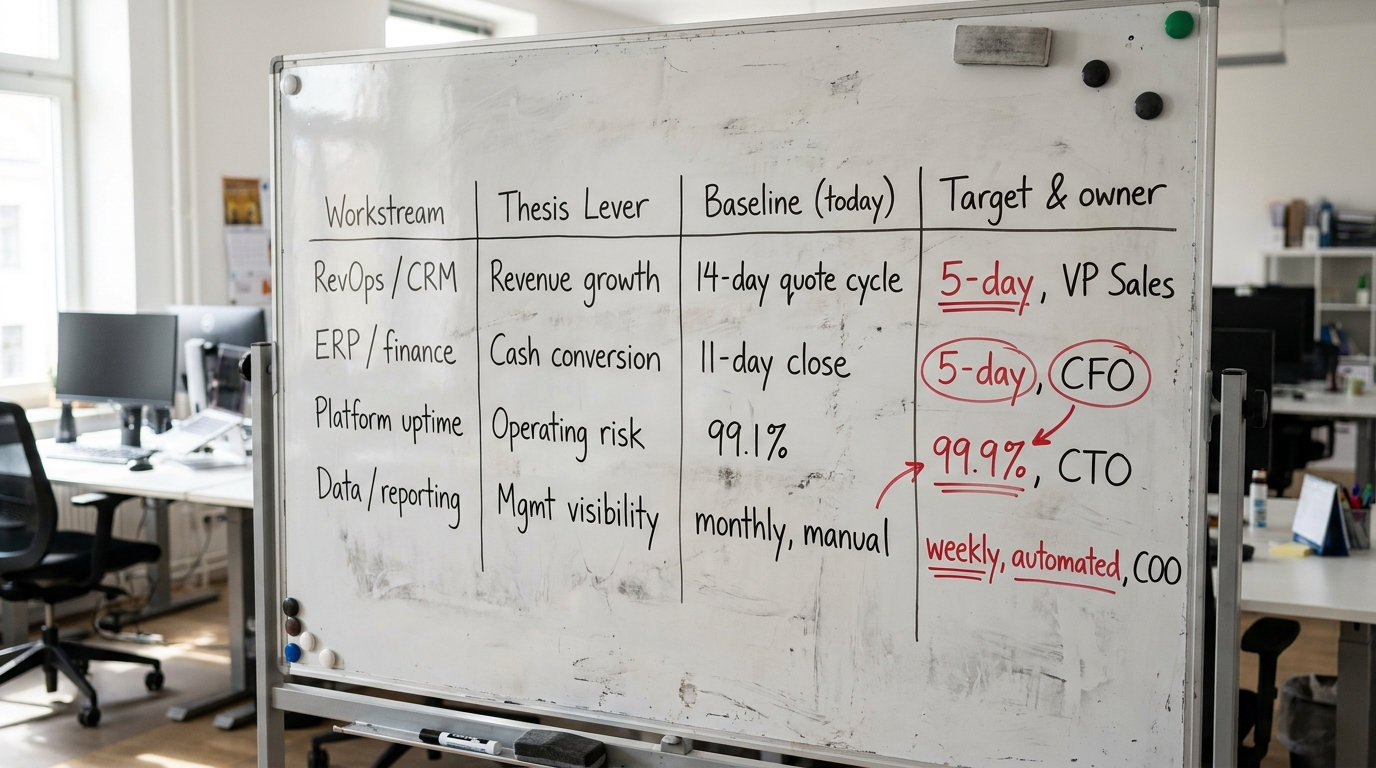 Transformation Decision Frame | a 4-column TABLE with headers "Workstream | Thesis Lever | Baseline (today) | Target & o