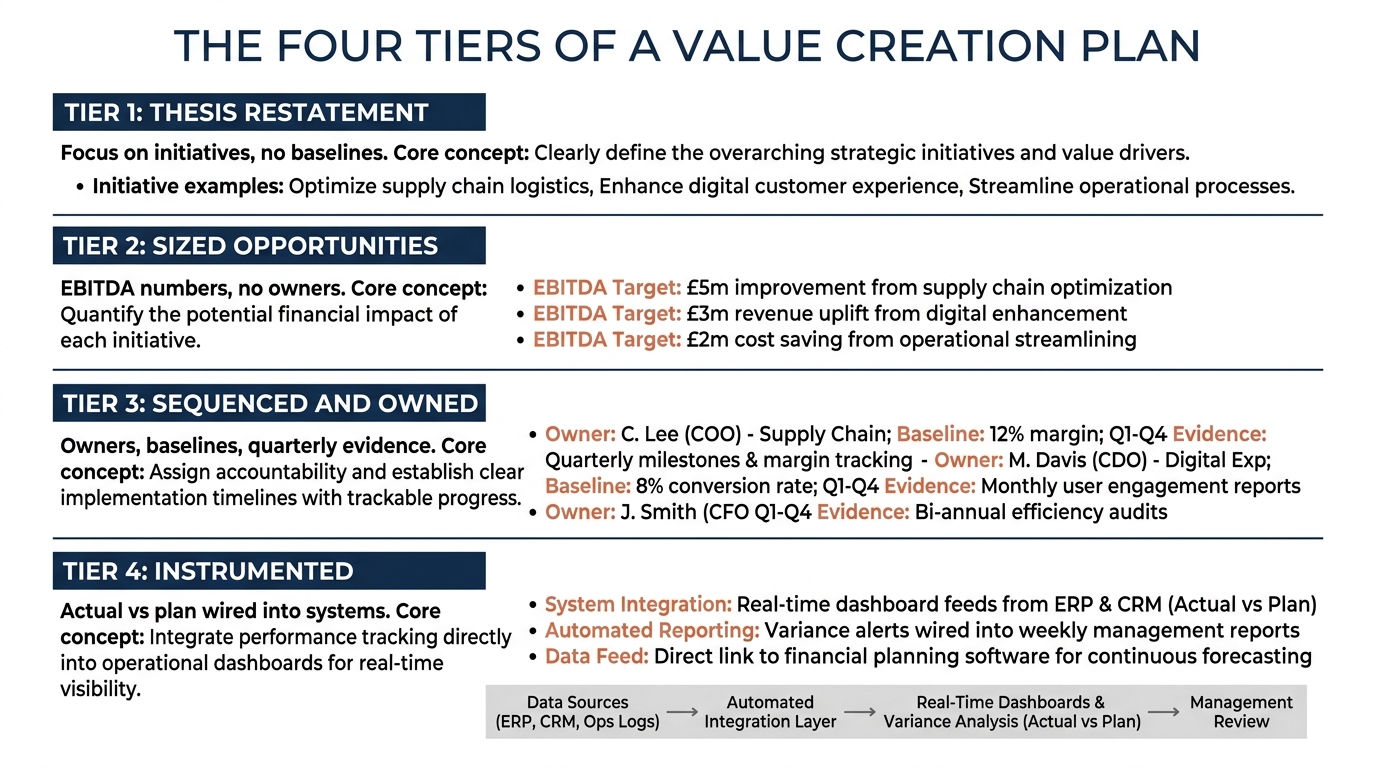 The Four Tiers of a Value Creation Plan | Tier 1 Thesis restatement (initiatives, no baselines) · Tier 2 Sized opportuni