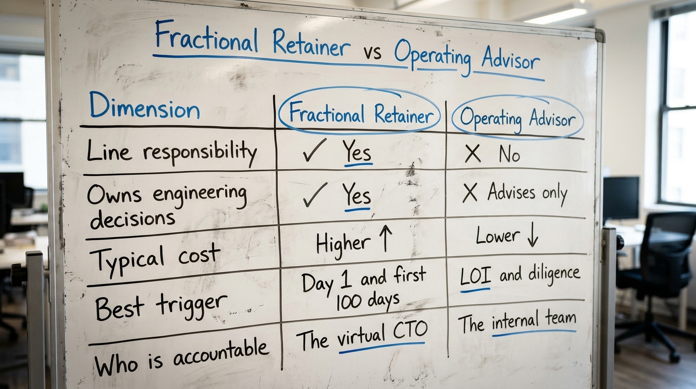 Fractional Retainer vs Operating Advisor | TABLE. Columns: Dimension / Fractional Retainer / Operating Advisor. Rows: Li