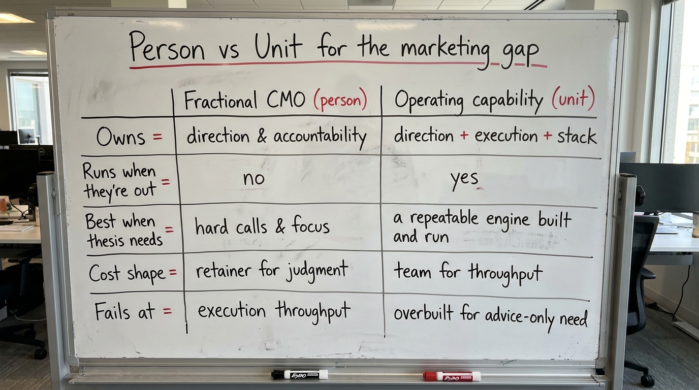 Person vs Unit for the marketing gap | comparison table with columns "Fractional CMO (person)" and "Operating capability
